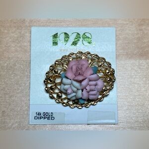 1928 Jewelry 14K Gold Dipped Pink and Ivory Genuine Porcelain Rose Cluster